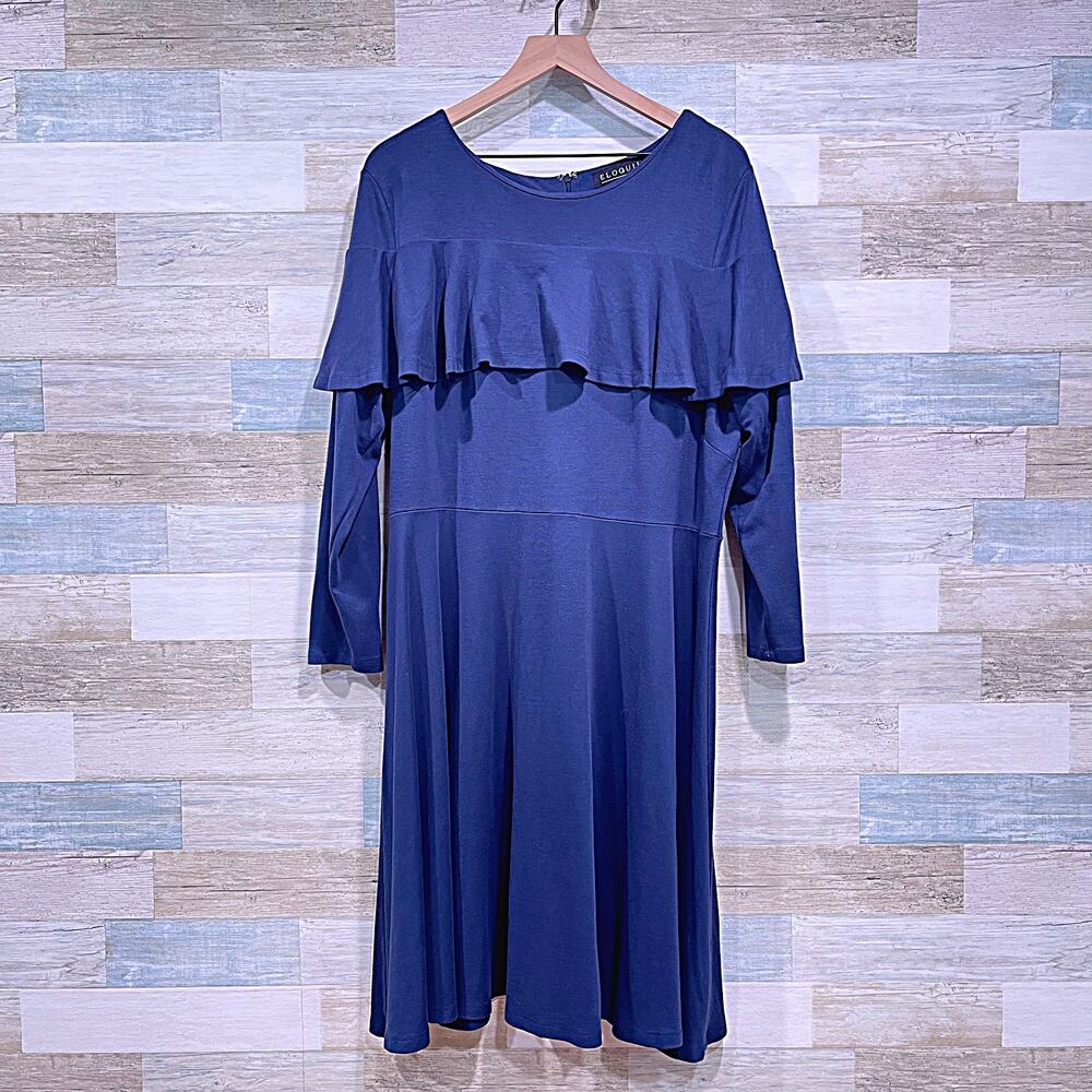 ELOQUII Ruffle Cape Ponte Knit Midi Dress Navy Blue Long Sleeve Career Womens 18